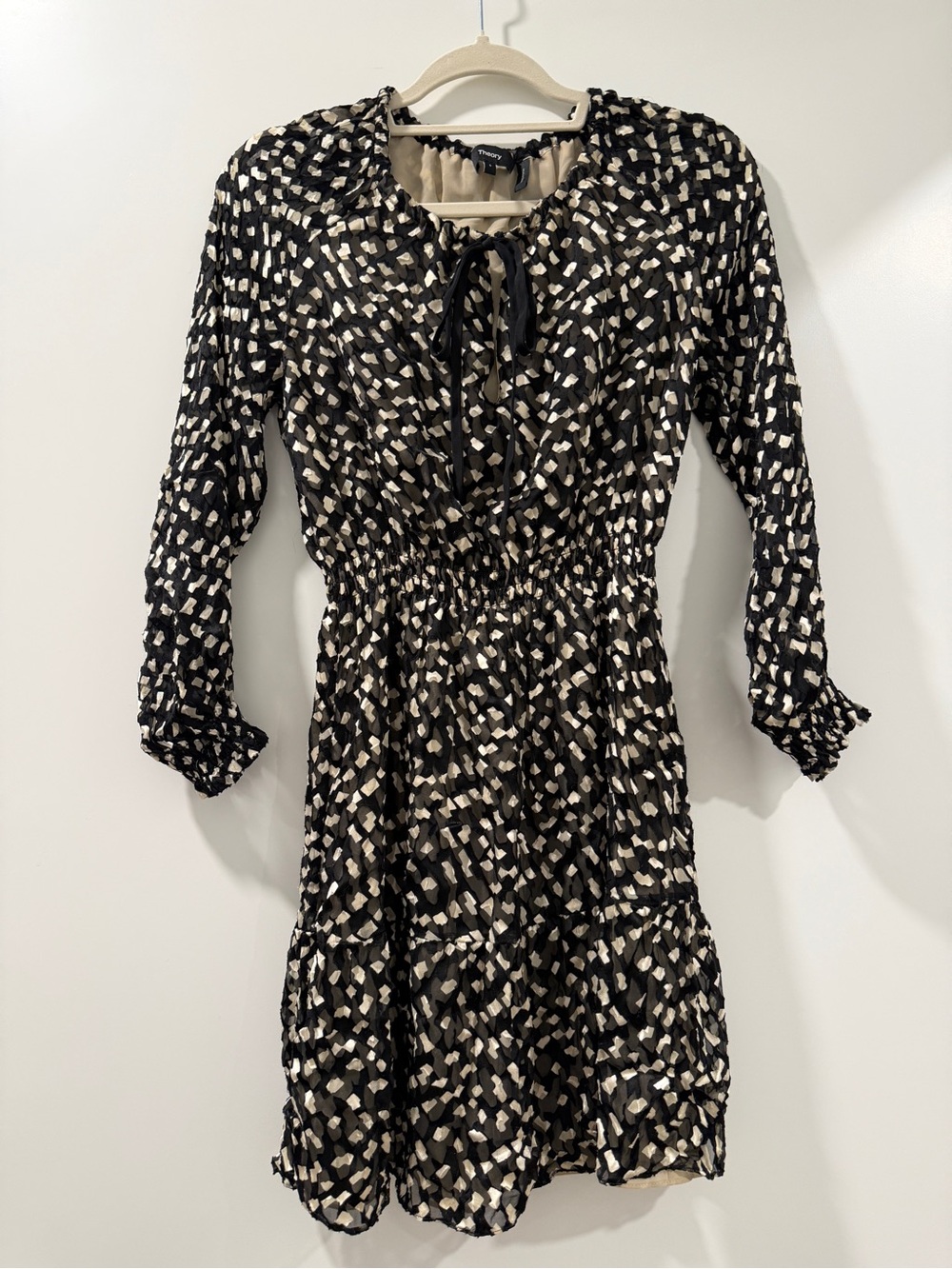 Theory Black & Cream Printed Tie-Neck Mini Dress